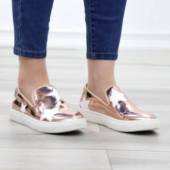 Rose Gold With White Stars Patent Sneakers Shoes - Picture 2 of 14